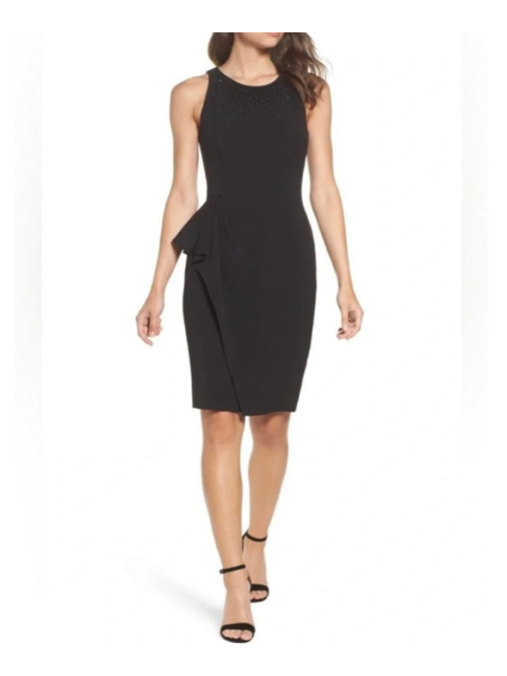 Eliza J Black Midi Sheath Dress with Side Ruffle, High Neck, Sleeveless, Size 6